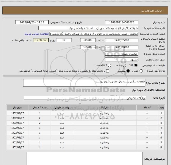 استعلام قطعات یدکی پست برق مطابق شرح پیوست