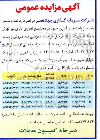 مزایده فروش شش واحد اداری در مجتمع تجاری اداری نور 