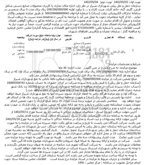 مزایده،مزایده  اجاره مکان تجاری با کاربری محصولات صنایع دستی 