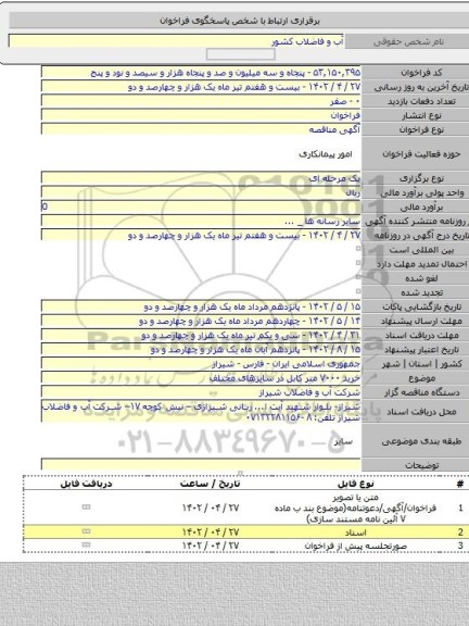 مناقصه, خرید ۷۰۰۰ متر کابل در سایزهای مختلف