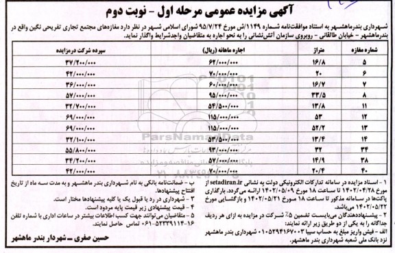 مزایده  مغازه های مجتمع تجاری تفریحی 