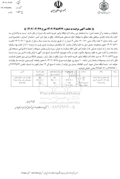 مزایده واگذاری یک واحد تجاری سرقفلی