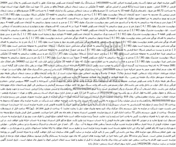 آگهی مزایده ششدانگ یک قطعه آپارتمان مسکونی نوع ملک طلق با کاربری مسکونی به پلاک ثبتی 24804 فرعی از 3104 اصلی