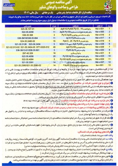 آگهی مناقصه عمومی طراحی ساخت والوهای شناور 