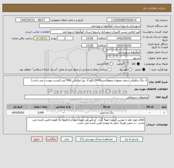 استعلام 1- رنگ ترافیکی سفید محوری ترموپلاست3000 کیلو 2- تیزر ترافیکی 500 لیتر (لیست پیوست می باشد)