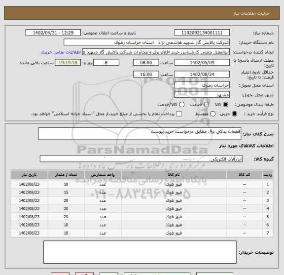 استعلام قطعات یدکی برق مطابق درخواست خرید پیوست