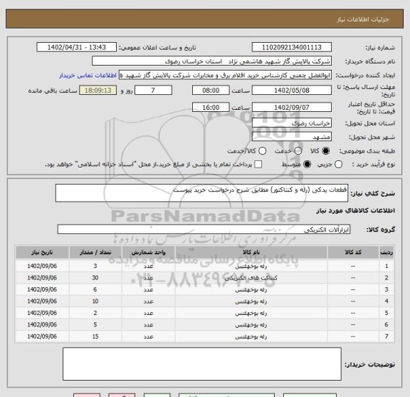 استعلام قطعات یدکی (رله و کنتاکتور) مطابق شرح درخواست خرید پیوست