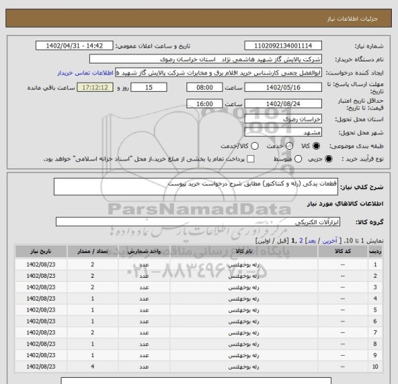 استعلام قطعات یدکی (رله و کنتاکتور) مطابق شرح درخواست خرید پیوست