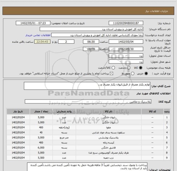 استعلام لوازم یکبار مصرف از قبیل:لیوان یکبار مصرف و...