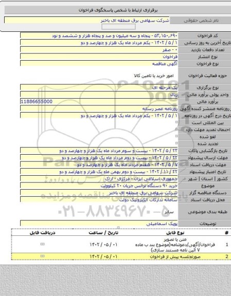 مناقصه, خرید ۹۰ دستگاه ترانس جریان ۲۰ کیلوولت