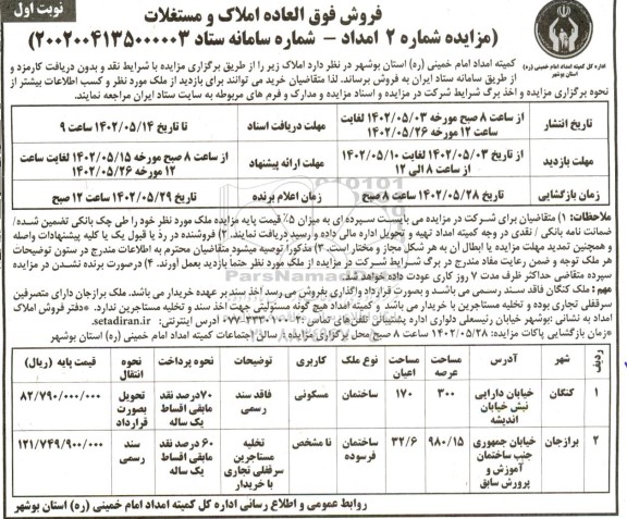 مزایده فروش فوق العاده املاک و مستغلات دو ملک با کاربری مسکونی و کاربری نامشخص 