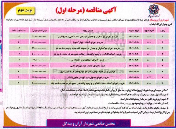 مناقصه خرید و اجرای بلوک فرش و جدول بلوارهای ... مرحله اول نوبت دوم