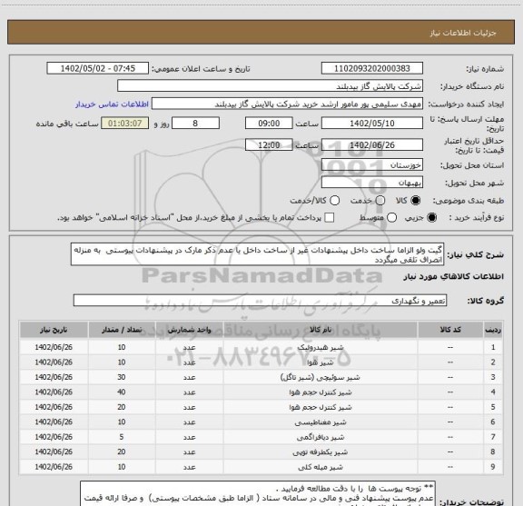 استعلام گیت ولو الزاما ساخت داخل پیشنهادات غیر از ساخت داخل یا عدم ذکر مارک در پیشنهادات پیوستی  به منزله انصراف تلقی میگردد