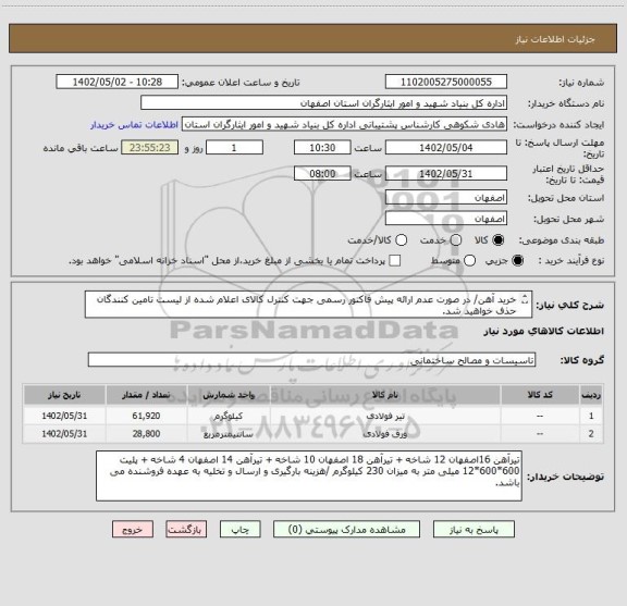 استعلام خرید آهن/ در صورت عدم ارائه پیش فاکتور رسمی جهت کنترل کالای اعلام شده از لیست تامین کنندگان حذف خواهید شد.
کادر توضیحات حتما چک شود