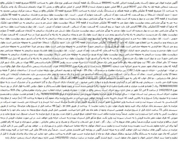 آگهی مزایده ششدانگ یک قطعه آپارتمان مسکونی نوع ملک طلق به مساحت 83/02 مترمربع 