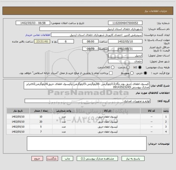 استعلام کپسول اطفای حریق پودر وگاز12کیلوگرمی -6کیلوگرمی-5کیلوگرمی-وکپسول اطفای حریق6کیلوگرمیco2برابر مدارک پیوستی 09143523245