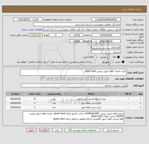 استعلام خرید دمنده  اطفا حریق بنزینی green land