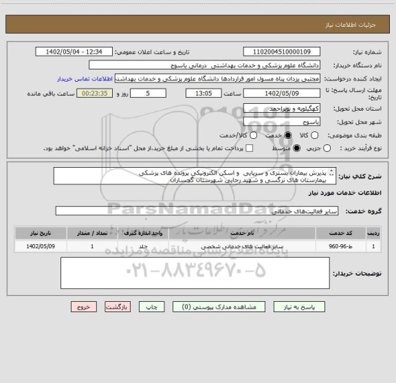 استعلام پذیرش بیماران بستری و سرپایی  و اسکن الکترونیکی پرونده های پزشکی 
بیمارستان های نرگسی و شهید رجایی شهرستان گچساران
در سال 1402