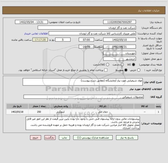 استعلام مواد شیمیایی مورد نیاز آزمایشگاه (مطابق شرح پیوست)