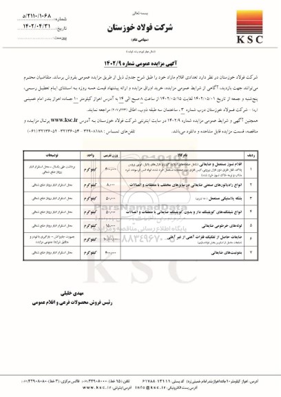 مزایده عمومی فروش اقلام نسوز مستعمل و ضایعاتی ....