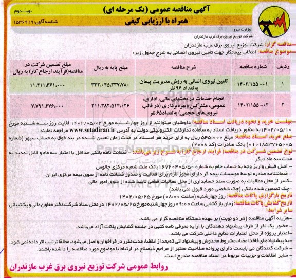 مناقصه تامین نیروی انسانی به روش مدیریت پیمان به تعداد 96 نفر....