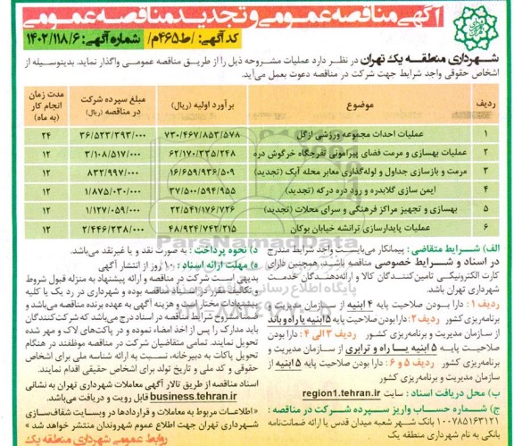 مناقصه عملیات احداث مجموعه ورزشی ازگل ..