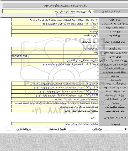 مناقصه, تجدید ترمیم خسارات ناشی از سیل و مقاوم سازی شبکه توزیع برق محور کندوان