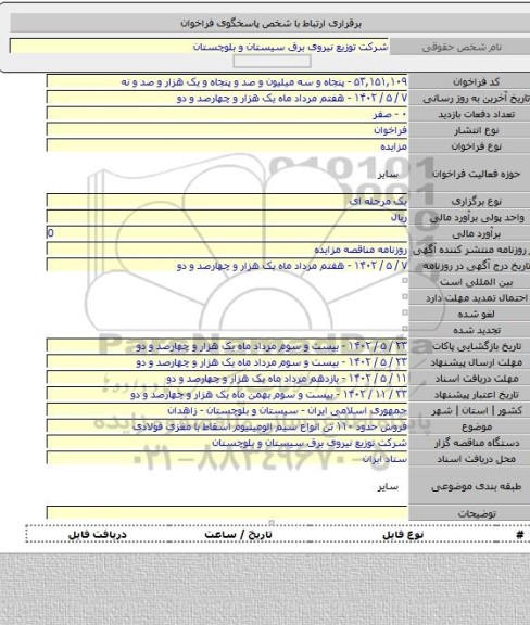 مزایده, فروش حدود ۱۱۰ تن انواع سیم الومینیوم اسقاط با مغزی فولادی