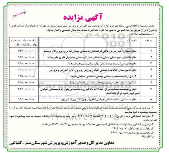 مزایده واگذاری تعدادی از املاک - نوبت دوم