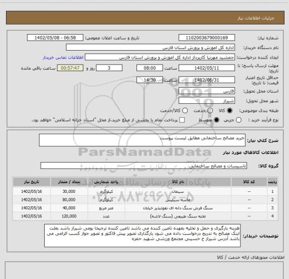 استعلام خرید مصالح ساختمانی مطابق لیست پیوست