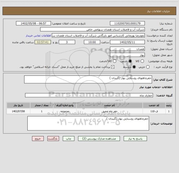 استعلام حفرچاههای روستایی بهار (گنبدان )