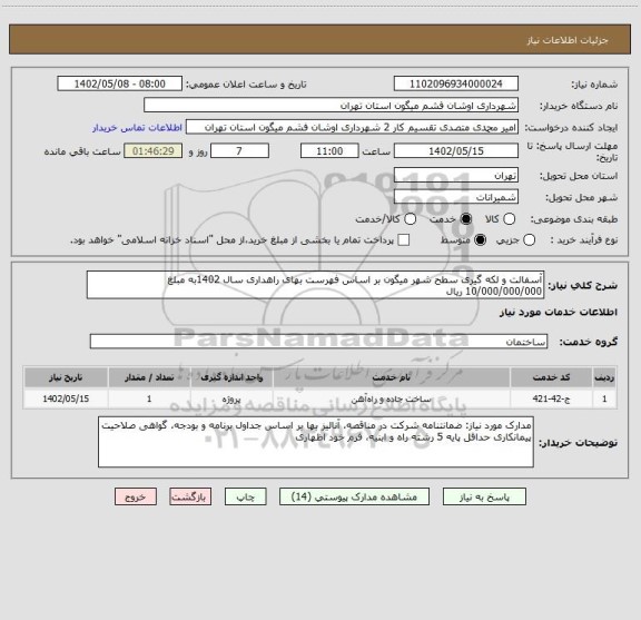 استعلام آسفالت و لکه گیری سطح شهر میگون بر اساس فهرست بهای راهداری سال 1402به مبلغ 10/000/000/000 ریال