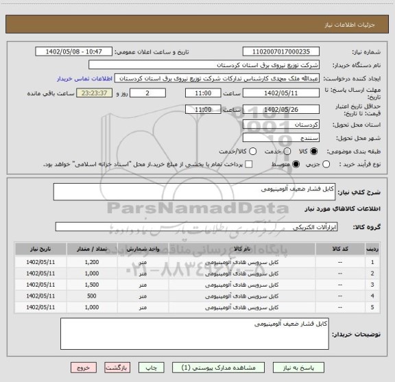 استعلام کابل فشار ضعیف آلومینیومی