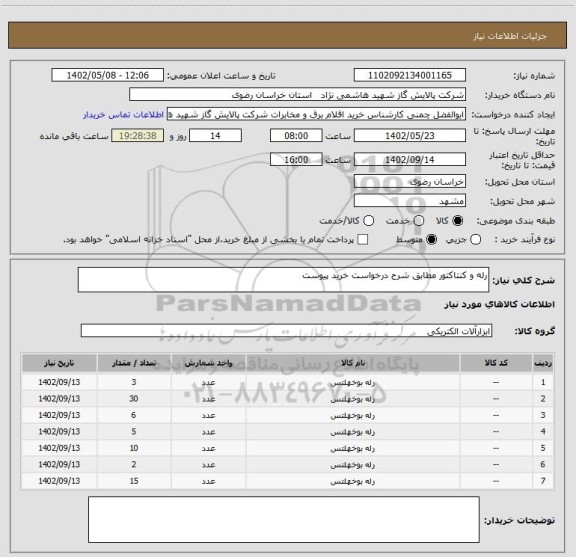 استعلام رله و کنتاکتور مطابق شرح درخواست خرید پیوست