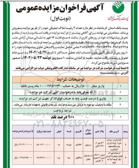  مزایده فروش تعداد 2 رقبه املاک تملیکی با کاربری تجاری - مسکونی 