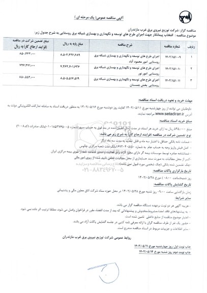 مناقصه اجرای طرح‌های توسعه و نگهداری و بهسازی شبکه برق روستایی امور 