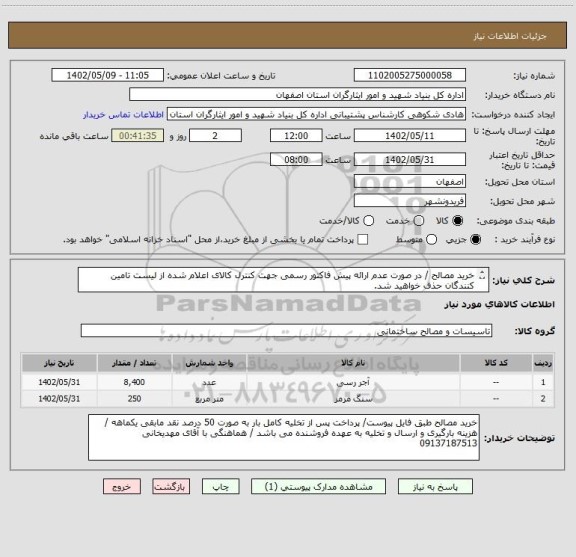 استعلام خرید مصالح / در صورت عدم ارائه پیش فاکتور رسمی جهت کنترل کالای اعلام شده از لیست تامین کنندگان حذف خواهید شد.
کادر توضیحات حتما چک شود.