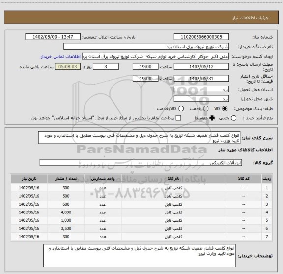 استعلام انواع کلمپ فشار ضعیف شبکه توزیع به شرح جدول ذیل و مشخصات فنی پیوست مطابق با استاندارد و مورد تایید وزارت نیرو