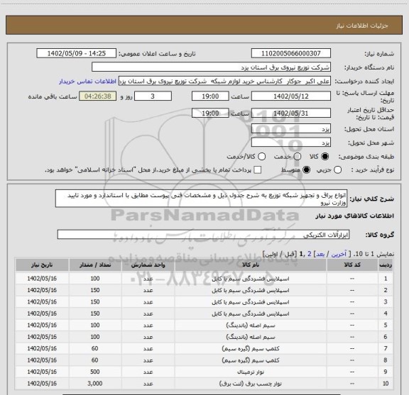 استعلام انواع یراق و تجهیز شبکه توزیع به شرح جدول ذیل و مشخصات فنی پیوست مطابق با استاندارد و مورد تایید وزارت نیرو