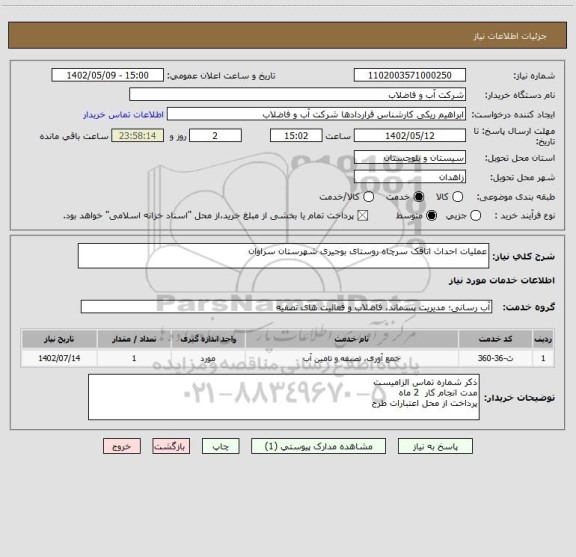 استعلام عملیات احداث اتاقک سرچاه روستای بوجیری شهرستان سراوان