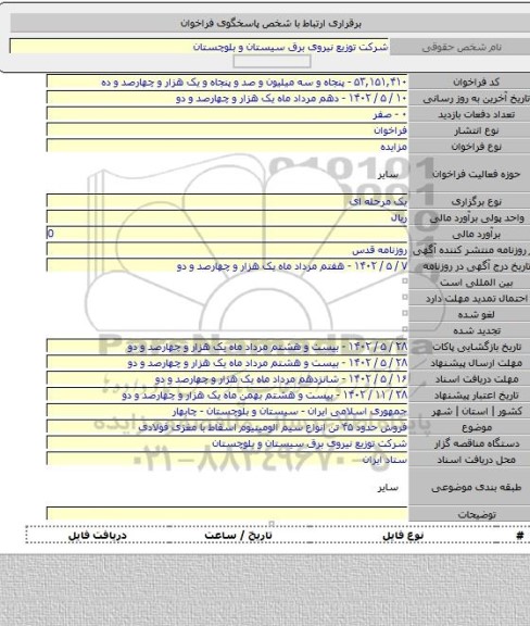 مزایده, فروش حدود ۴۵ تن انواع سیم الومینیوم اسقاط با مغزی فولادی