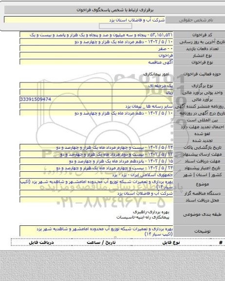 مناقصه, بهره برداری و تعمیرات شبکه توزیع آب محدوده امامشهر و شاهدیه شهر یزد  (اکیپ سیار ۱۴)