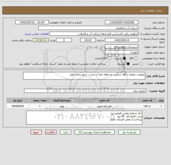 استعلام عملیات حفاری و کف شکنی دو حلقه چاه آب شرب شهرستان فنوج