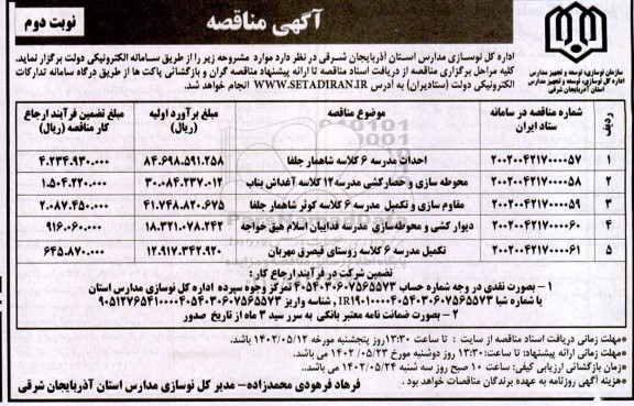 مناقصه احداث مدرسه 6 کلاسه شاهمار جلفا .. - نوبت دوم