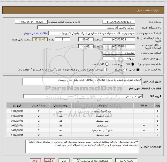 استعلام قطعات کنترل ولو فیشر به شماره تقاضای 9846010  الزاما طبق شرح پیوست