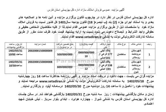 مزایده فروش املاک مازاد اداره کل بهزیستی (فروش دو ساختمان)