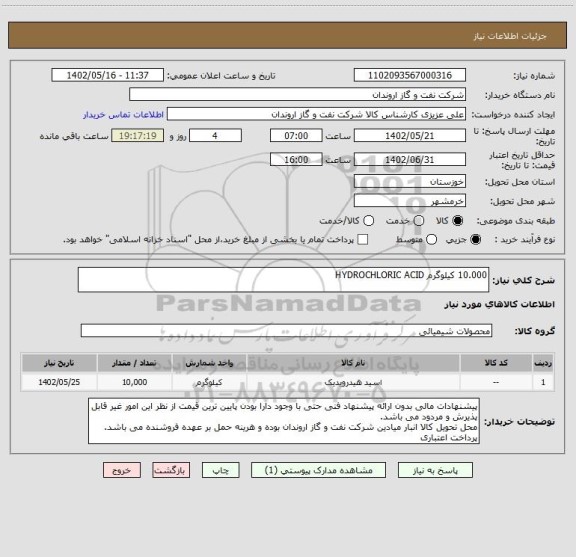 استعلام 10.000 کیلوگرم HYDROCHLORIC ACID