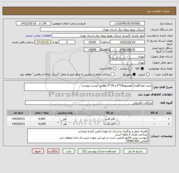 استعلام خرید خودنگهدار آلومینیوم16*4 و 16*2 مطابق لیست پیوست