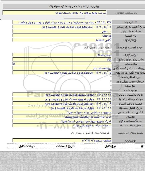 مناقصه, خرید انواع کلید کل اتوماتیک فشارضعیف