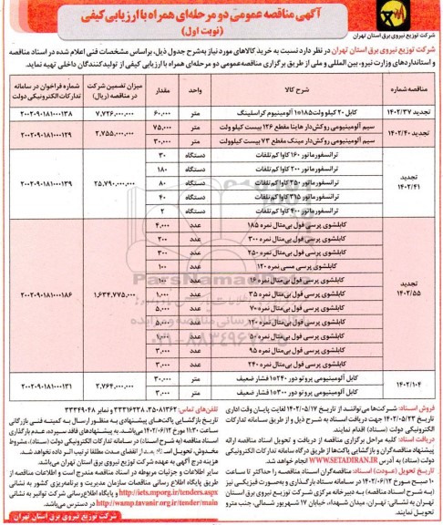 مناقصه کابل 20 کیلوولت 185 * آلومینیوم کراسلینگ ...